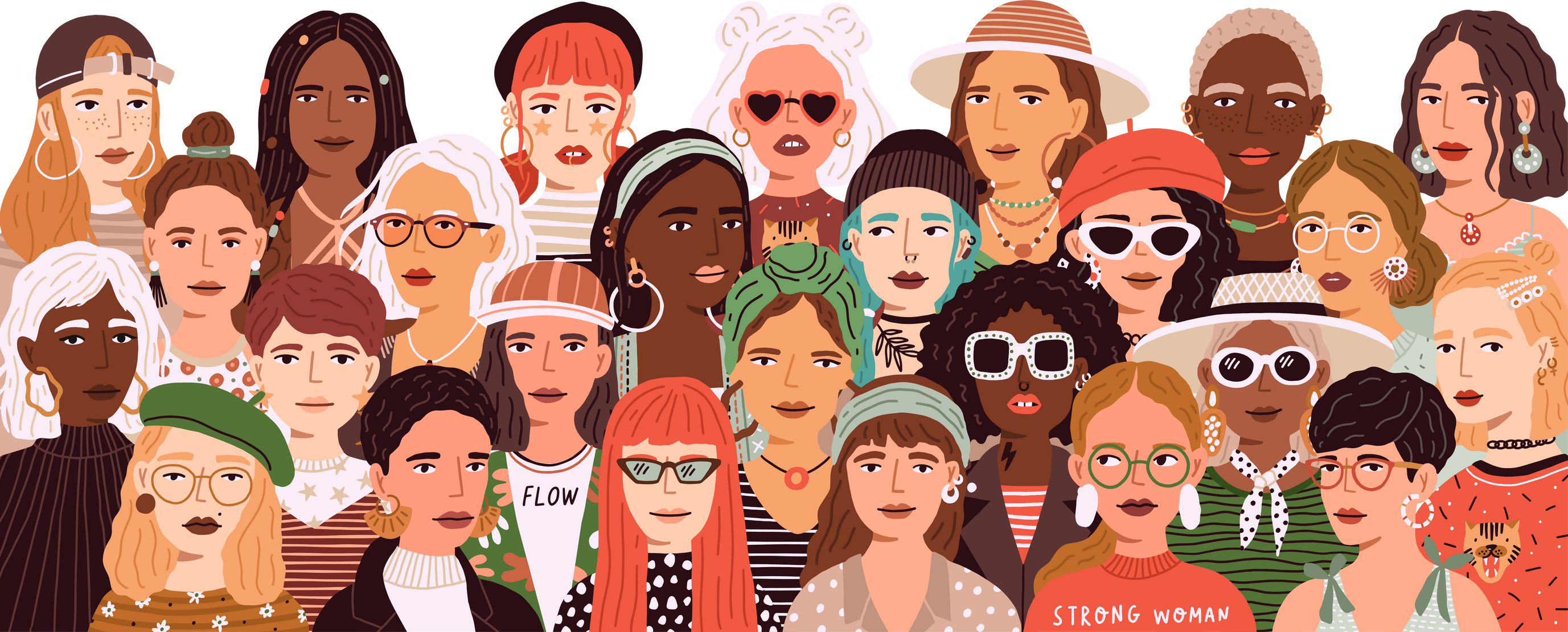 Sisterhood. Banner with diverse faces of female community. Multiracial crowd of trendy women isolated on white background. Girl power and feminism concept. Color flat vector illustration.